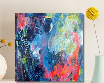 Original 12x12 Abstract Painting Canvas, Blue Mixed Media Art