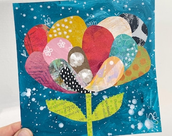 Cute Whimsical Floral Artwork, Small Collage Painting, Small Original Art, 6x6 Painting on Paper, mixed Media Art, Abstract Floral Collage