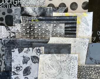 Black and White Collage Papers, Gelli Prints Bundle, Junk Journaling Paper, Supplies, Mixed Media Gelli Plate Papers, Mark Making Pack