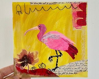 Mini Collage Original, Mixed Media Art, Bird Painting, Colourful Bird Artwork on Paper, Small Original Art on Paper, Mini Abstract, Scarlet