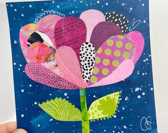 Cute Whimsical Floral Artwork, Small Collage Painting, Small Original Art, 6x6 Painting on Paper, mixed Media Art, Abstract Floral Collage