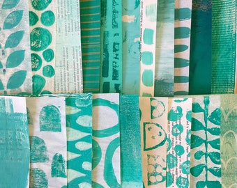 Papiers collage turquoise, impression gelée, rebuts de journal d'art, lot de collages en papier peint à la main, page de journal indésirable, journalisation papier techniques mixtes