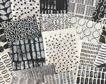 Gelli Plate Papers, Mark-Making Junk Journaling, Handgemalte Collage Papiere, Schwarz und Weiß markierte Papiere, Mixed Media Art Journal Collage