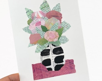 Arte original pequeño, pintura de flores de 5 x 7, collage floral original, hermosas flores en un jarrón, collage floral abstracto, pintura de collage sobre papel