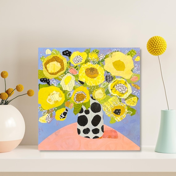 Original Mixed Media Floral Painting, 12x12 Colorful Botanical Art on Canvas, Abstract Floral Home Wall Decor, Fresh Whimsical Collage Art