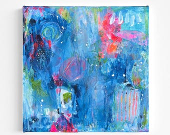 Abstrakte Malerei auf Leinwand, Blau Grün Mixed Media Art, Moderne strukturierte Wandkunst, Zeitgenössische Wohnkultur, Original Gemälde Dekor