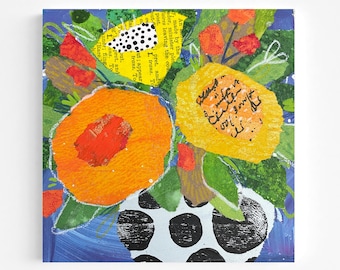 オリジナルの抽象的な花の構図、タンジェリンオレンジの花、小さなオリジナル絵画、ミニコラージュ、6x6キャンバスアート、ホームデコレーション、小さなアート