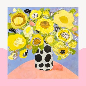 May include: A vibrant floral artwork featuring a bouquet of yellow flowers in a vase with black polka dots. The flowers have textured petals and are set against a light blue background, resting on a pink surface.