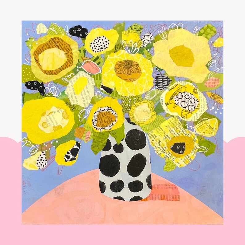 May include: A vibrant floral artwork featuring a bouquet of yellow flowers in a vase with black polka dots. The flowers have textured petals and are set against a light blue background, resting on a pink surface.