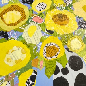 May include: Abstract floral artwork featuring yellow flowers with paper collage details. The artwork includes green leaves, white accents, and a light blue background. The flowers have a textured appearance, with some petals featuring text.