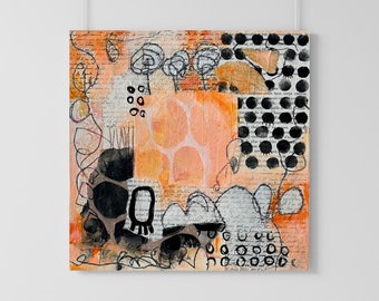 Original Abstract Painting, Small Abstract Art, Intuitive Mixed Media Collage Painting, Peach Wall Decor, Gift for Art Lover, Art on Canvas