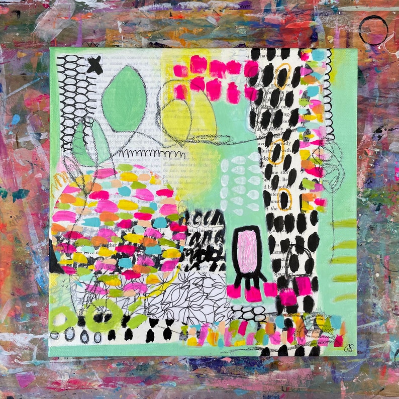 Mint Green Wall Art, Original Collage Painting, Hand Painted Multimedia