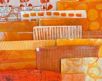 Orange Gelli-Drucke, handgemalte Collage-Papiere, Kunsttagebuch-Zubehör, Mixed-Media-Angebot, Papierpaket, helle Collage, Kunstpapier-Bundle