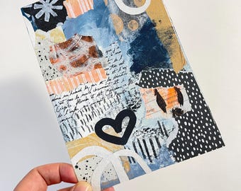 May include: A mixed media collage featuring a black heart, white circles, and black and white polka dots. The collage includes handwritten text in French and English. The text reads: "pas le mass charmant Crépite flambe et sit de l'infer he lite tage mpere-bo Rating"