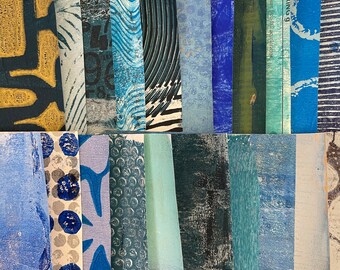 Assorted Blue Collage Papers, Art Journal Supplies, Blue Ephemera, Hand Painted Papers, Stenciled Paper, Gelli Prints, Junk Journal Supply