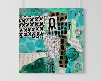 Op de afbeelding: Abstracte kunstcollage in turquoise, groen en zwart. De collage bevat een verscheidenheid aan texturen en patronen, waaronder een raster, een bloemenpatroon en de letter Q. De tekst "Wat is de zin van het leven?" is zichtbaar in de rechterbenedenhoek.