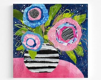 Pintura floral original sobre lienzo de 12x12, arte floral colorido, collage de técnica mixta, arte mural botánico moderno, en busca del equilibrio, arte floral rosa.