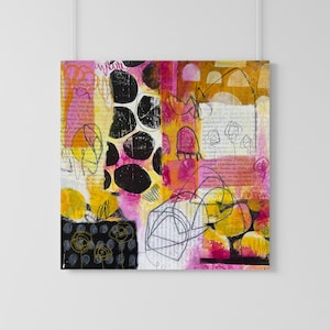Toile abstraite Art mural Petite peinture originale, Art de collage mixte sur toile enveloppée dans une galerie, Œuvre d’art acrylique originale d’art moderne