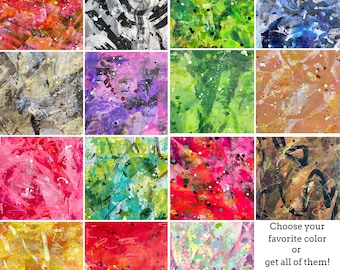May include: A selection of abstract art sheets in a range of colours, including red, green, blue, and yellow. Each sheet displays unique paint splatters and brushstrokes. The text reads, "Choose your favourite colour or get all of them! Every sheet is unique! 7 x 10 sheets."