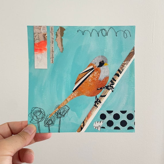 Cute Bird Painting, Small Art, Small Original Painting, Birdtober, Bird Home Decor, Bird Collage Mixed Media Painting, 6x6 Art Bird Lovers