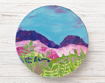気まぐれな装飾、丸いオリジナルコラージュアート、抽象的な風景画、花畑の絵画、カラフルな家の装飾、夢のような風景
