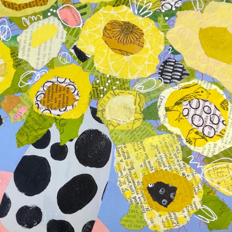 May include: A vibrant mixed-media artwork featuring a bouquet of yellow flowers in a white vase with black polka dots. The flowers are made from layered paper with text and green leaves, set against a light blue background.