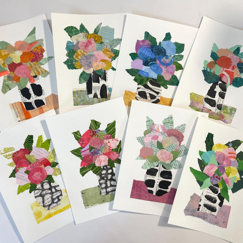 May include: Nine paper collages of floral arrangements in vases. Each collage features a different color scheme and pattern of flowers and leaves. The vases are all black and white with a geometric pattern.