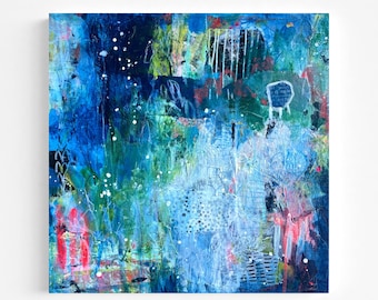 Abstrakte Malerei auf Leinwand, Blau Grün Mixed Media Art, Moderne strukturierte Wandkunst, Zeitgenössische Wohnkultur, Original Gemälde Dekor