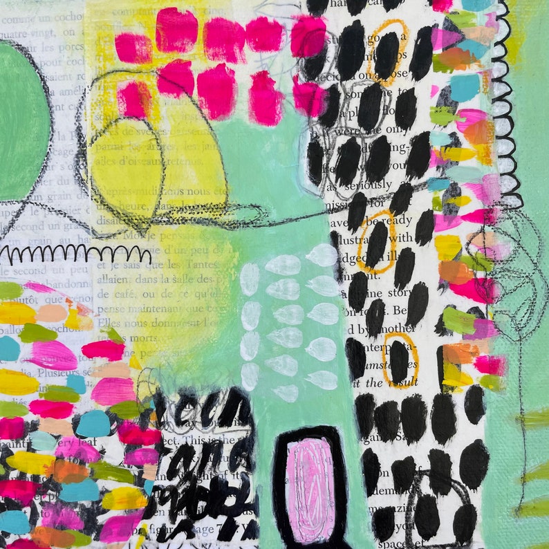 Mint Green Wall Art, Original Collage Painting, Hand Painted Multimedia