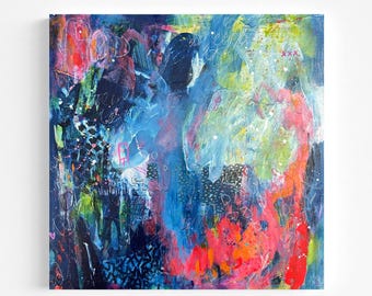 Original 12x12 Abstract Painting Canvas, Blue Mixed Media Art, Colorful Intuitive Artwork, Modern Wall Art, Textured Layers, Small Painting