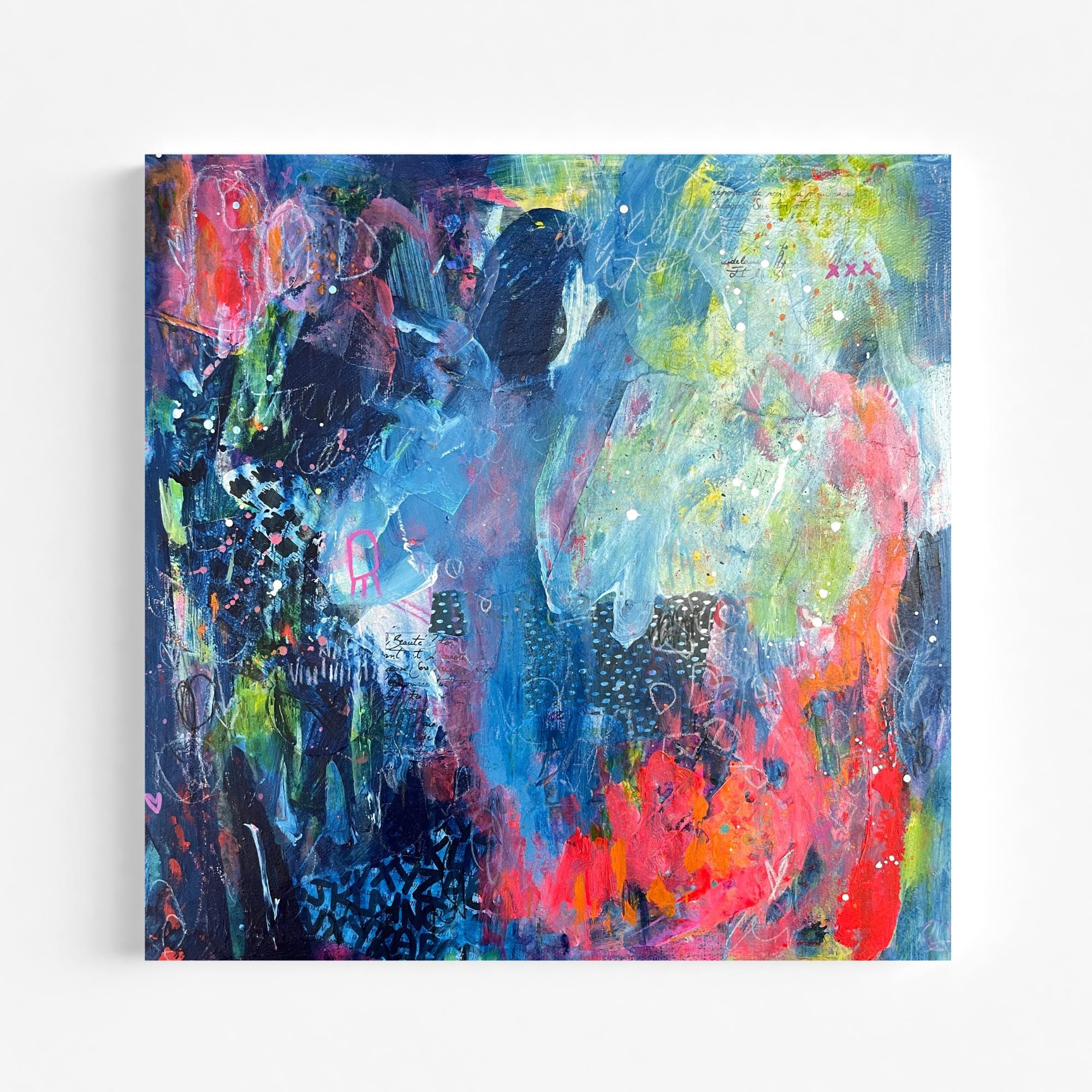 Original 12x12 Abstract Painting Canvas, Blue Mixed Media Art