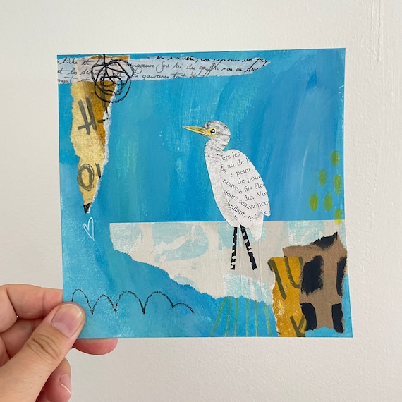 Cute Bird Painting, Acrylic on Paper, Mixed Media Collage Art Small, Mini Original Art Painting, Abstract Mini Art, Colorful Painting Paper