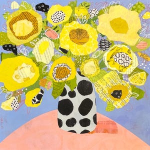 May include: A vibrant collage of yellow flowers in a black and white polka-dot vase. The flowers have textured petals with newspaper print details. The arrangement sits on a pink surface against a light blue background, creating a cheerful floral artwork.