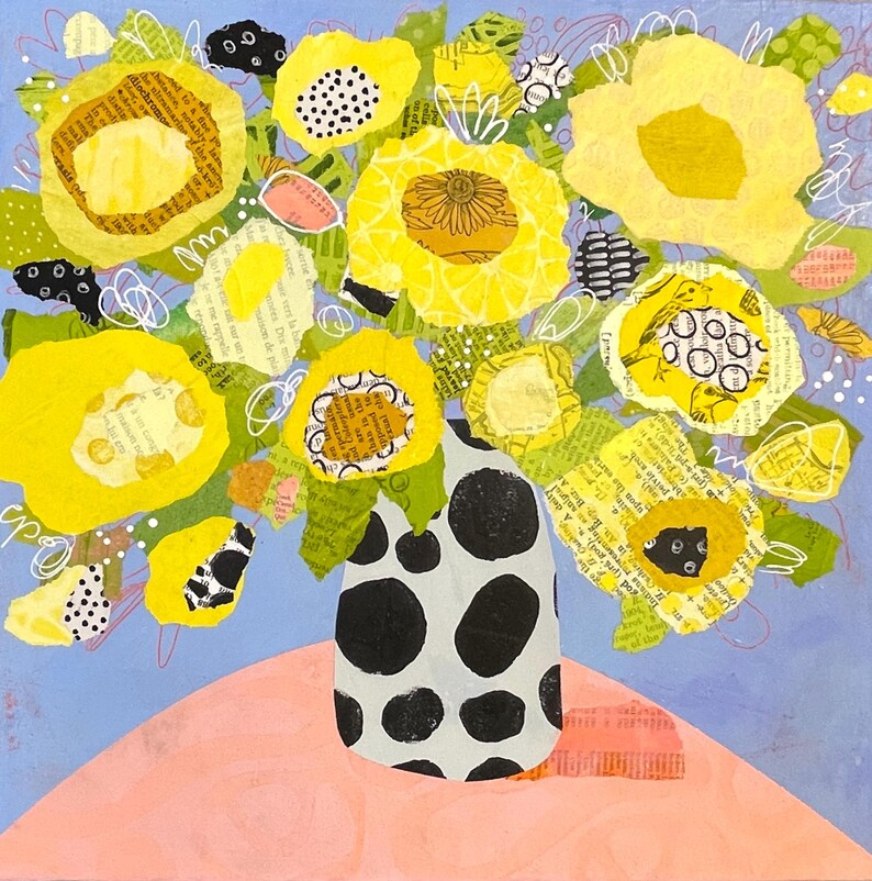 May include: A vibrant collage of yellow flowers in a black and white polka-dot vase. The flowers have textured petals with newspaper print details. The arrangement sits on a pink surface against a light blue background, creating a cheerful floral artwork.