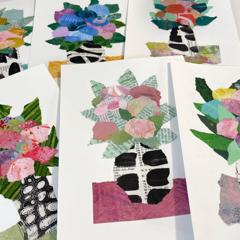 May include: Four handmade paper collage art pieces featuring colorful flowers in a vase. Each piece is framed with a white border and has a unique design.