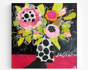 Könnte beinhalten: Abstrakter floraler Kunstdruck mit einem Strauß bunter Blumen in einer schwarz-weißen Polka-Dot-Vase. Die Blumen sind rosa, orange und weiß mit grünen Blättern, vor einem schwarzen Hintergrund mit roter Basis.