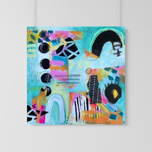 Bright Modern Abstract Art, Maximalist Home Decor, Gift for Abstract Art Lover, 10x10 Original Painting, Abstract Multimedia Collage Canvas