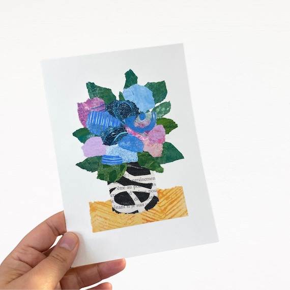 Small Collage Art, Floral Painting, Small Original Painting, Abstract Floral Collage, Flowers in Vase Painting, Affordable Art on Paper