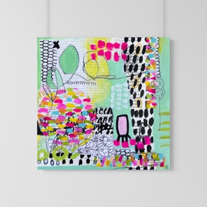 Mintgrüne Wandkunst, Original-Collage-Gemälde, handgemaltes multimediales abstraktes Acrylgemälde auf Leinwand, modernes Kunstwerk, farbenfrohes Unikat
