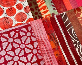 Red Collage Papers, Mixed Media Fodder, Junk Journal Ephemera, Scrapbooking Papers, Hand Painted Papers, Red Gelli Print Papers, Scrap Paper