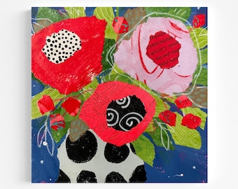 6x6 キャンバスアート、オリジナルの抽象的な花の構図、タンジェリンオレンジの花、小さなオリジナル絵画、ミニコラージュ、ホームデコレーション、小さなアート