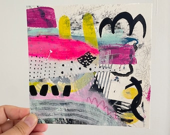 Mixed Media Collage Art, Abstract Art on Paper, Original Painting Small, Mini Abstract on Paper, Neon Pink Wall Decor, Colorful Painting