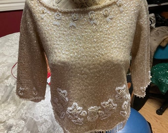 50s Cream and White Hand Beaded Sweater