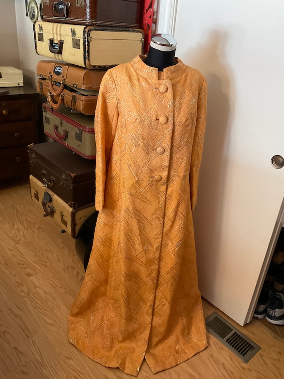 I Magin 1960s orange and gold brocade gown and mat