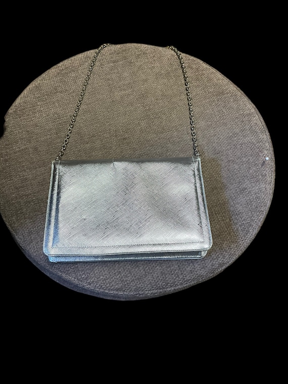 Vintage Silver Saffiano Leather Handbag with Bow Detail by Bienen-Davis,  Circa 1950s-60s — portmanteau new york