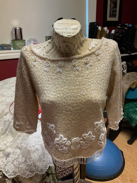 50s Cream and White Hand Beaded Sweater