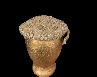 Vintage Beaded Pillbox Hat With Metallic Zardozi Embroidery  display picture 3