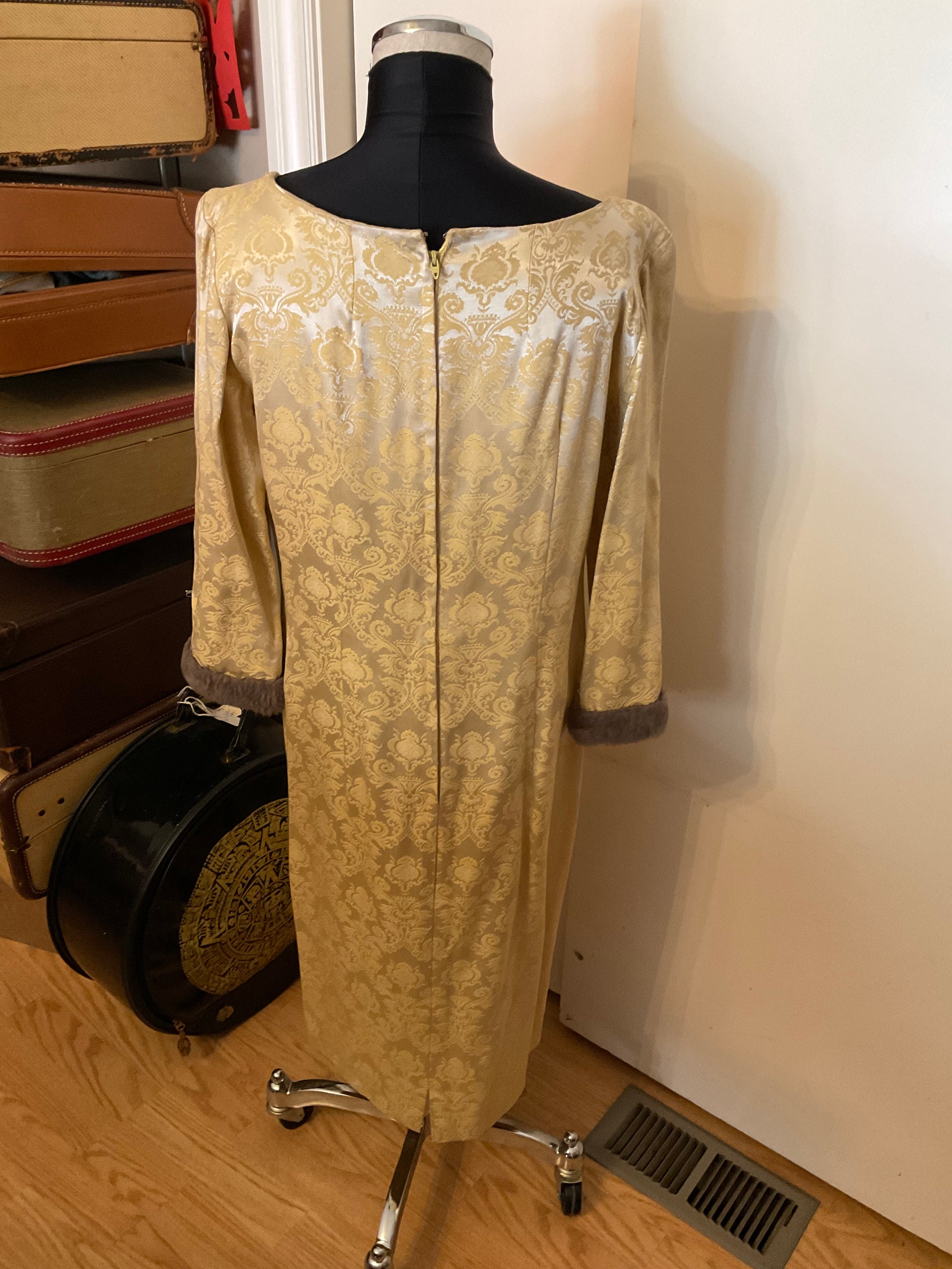 60s gold brocade dress with faux fur trim 60s gold brocade dress with faux fur trim