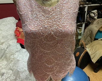 50s Pink Beaded Shell With Scalloped Edge made in Hong Kong