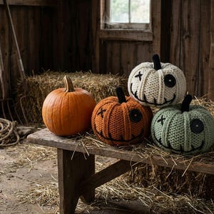 Könnte beinhalten: Ein glatter orangefarbener Kürbis steht neben drei gestrickten Kürbissen in Creme, Orange und Salbeigrün. Jeder gestrickte Kürbis hat einen schwarzen Stiel, einen aufgestickten Mund und zwei Augen, die aus einem Kreuz und einem Knopf bestehen.
